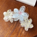 Detail of floral hair claws in blue and white on a dark wooden surface with books - Blue Floral 11cm
