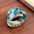 Blue marble patterned acetate hair claw clip with golden metal teeth for women hair style - Ellipse / Grey Green