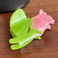 Mini pink rose hair claw clip with green leaves in acetate finish for women - Pink Rose