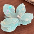Mint green floral shark hair clip with pearlescent finish and teardrop gemstone - Large / Iridescent Cyan