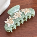 Pinza per capelli in acetato verde marmorizzato con fiori bianchi e profili dorati - Verde Salvia (Con Logo)