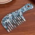 Blue and white marble acetate wide tooth comb with a long handle and hanging hole - Floral Blue-16cm