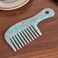 Light blue marble acetate wide-tooth hair comb with ergonomic handle and hanging hole - Floral Green-16cm