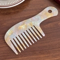 Handmade pearlescent white marble acetate wide-tooth hair comb with long handle - Creamy Yellow-16cm