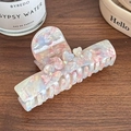 Pink and blue marble acetate hair claw clip with crystal flowers for thick hair - Pink Blue Large