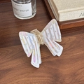 Elegant butterfly hair claw in iridescent pearl acetate with stripe crystal details - Pearly White Stripes