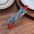 Maillard style blue denim bow hair clip with red beads on light gold metal base - Rope Light Yellow Twist Clip