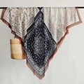 Bohemian paisley print linen shawl scarf with fringes and geometric patchwork design - Blue