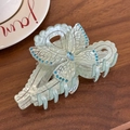 Light green acetate butterfly hair claw clip with blue rhinestones on wood background - Bowknot-Green