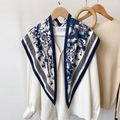 Elegant French style floral print scarf paired with a white long sleeve button-up shirt - 87x130cm / Blue