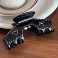 Glossy black trapezoid hair claw clip with white heart and bow prints for women - Black Arch Shape
