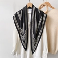 Vintage geometric print triangle scarf draped over white shirt for elegant summer styling - Black (TBSJJ35) / 87x130cm