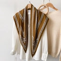 Close-up of caramel brown silk scarf with white vintage patterns draped on a white shirt - Coffee (TBSJJ25) / 87x130cm