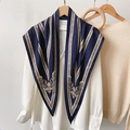 Close-up of dark blue silk scarf with gold baroque floral patterns on white shirt - Blue (TBSJJ35) / 87x130cm