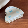 Creamy white trapezoid hair claw with sky blue doodle heart and ribbon patterns - Off-White Heart Shape