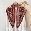 Vintage floral silk scarf in burgundy with abstract patterns over white shirt - Red / 87cm x 130cm