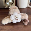 Plush flower claw clip in light tan faux fur with white floral detail and beads - Flower / Khaki