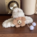 White plush hair clip with brown crochet flowers, pearls, and tassel ball charms - Flower / Off-white