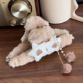 Caramel plush bow hair claw with star patches and tassel chain for autumn winter - Star / Khaki