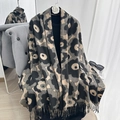 Thick autumn winter scarf with floral print and fringe detail for women warmth - Beige