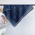 Navy blue floral silk scarf for women with elegant flower pattern on white background - Blue