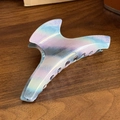Chic pearlescent acetate hair claw clip with colorful aurora pattern on wooden desk - Flat Clip Blue Striped