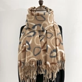 Thick warm cashmere-like shawl scarf with abstract circle patterns and tassel details - Brown