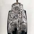 Thick warm cashmere-like winter scarf with grey and pink geometric patterns and fringe - Gray