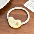 Beige elastic hair scrunchie with yellow resin bead and gold teddy bear charm decoration - Bear Rhinestone Hair Tie / Beige