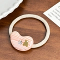 Elastic hair tie in beige fabric with pink marble resin charm and golden bear accent - Bear Rhinestone Hair Tie / Striped Pink