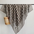 Ethnic brown cotton linen square scarf with floral print and fringe tassels - 130x130cm / Brown