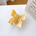 Gelbe Haarklammer in Schmetterlingsform mit eleganter Gitterstruktur und Goldfeder - Schmetterling Hellgelb (5.6cm)