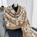 Brown and white camellia pattern thick scarf with elegant jacquard floral design - Khaki