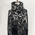 Thick black faux cashmere scarf with modern gray circle patterns and elegant tassels - Black