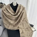 Thick warm camel faux cashmere scarf with white geometric patterns and long tassels - 60x180+20 / Khaki Geometric Pattern (P137-Khaki)