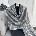 Women's faux cashmere long tassel scarf in grey and white geometric semicircle pattern - 60x180+20 / Gray Geometric Pattern (P137-Gray)