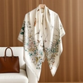 Foulard quadrato in cotone e lino crema con eleganti stampe botaniche di libellule e fiori - 130x130cm / Grigio Beige