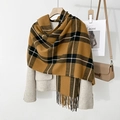 Detail of pink plaid scarf showing warm texture and stylish tassel on beige coat - Khaki/Earth Yellow