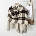 Pink and brown plaid scarf with tassels on wooden hanger for autumn and winter season - Beige