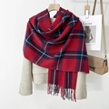 Classic red and blue plaid scarf with fringes styled on an oatmeal wool blazer jacket - Red