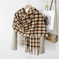 Plaid tassel scarf in beige and black, styled with wool blazer for autumn winter look - Khaki