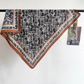 Elegant carriage pattern square scarf with orange border and silky finish on hanger - 68x68cm / Yellow