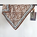 Vintage horse carriage pattern herringbone square silk scarf with brown border detail - 68x68cm / Brown