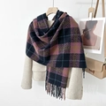 Detail showing purple and ginger plaid pattern cashmere scarf with fringe on white coat - 70*180+20 / Purple