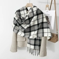 Detail of classic plaid scarf with tassel hem and soft cashmere-like texture fabric - Black and White