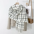Classic black and white plaid scarf with long tassels over a brown wool blazer - 70*180+20 / White