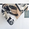 French style silk scarf featuring black and white rose patterns and herringbone texture - Black White Beige Patchwork (68RZW205-1) / 68x68cm