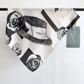 Close-up of herringbone silk scarf with vintage rose and straw hat print detail - Black White Hepburn Style (68RZW205-2) / 68x68cm