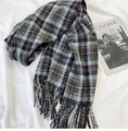 Close-up of thick plaid scarf texture with orange and blue fringe detail on white fabric - 60*180 / Blue (A160)
