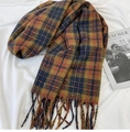 Close-up of thick winter scarf with plaid pattern and soft decorative tassels - 60*180 / Orange (A160)